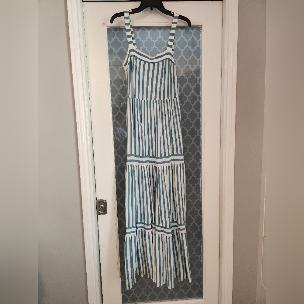 LOFT Blue and White Tiered Sundress with Square Neck
